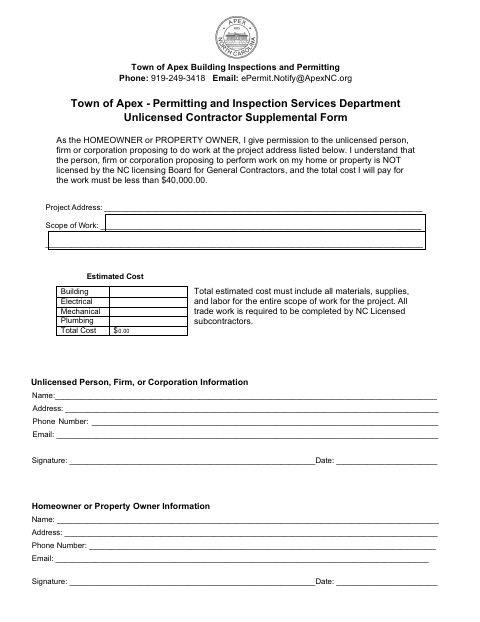 First page of the Unlicensed Contractor Supplemental Form