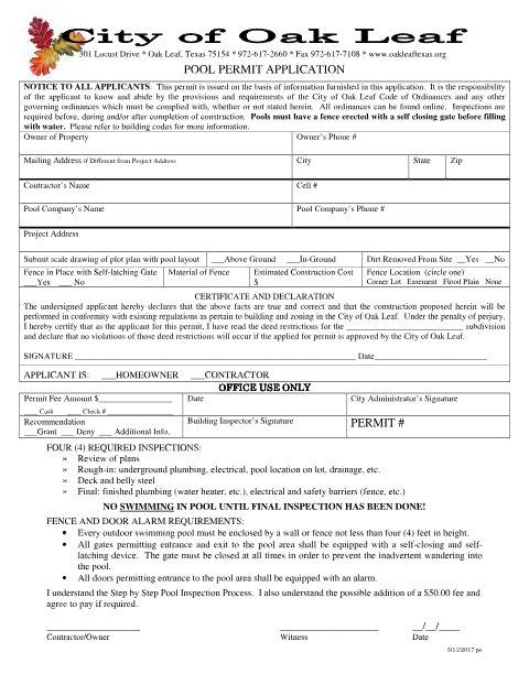 First page of the Pool Permit Application
