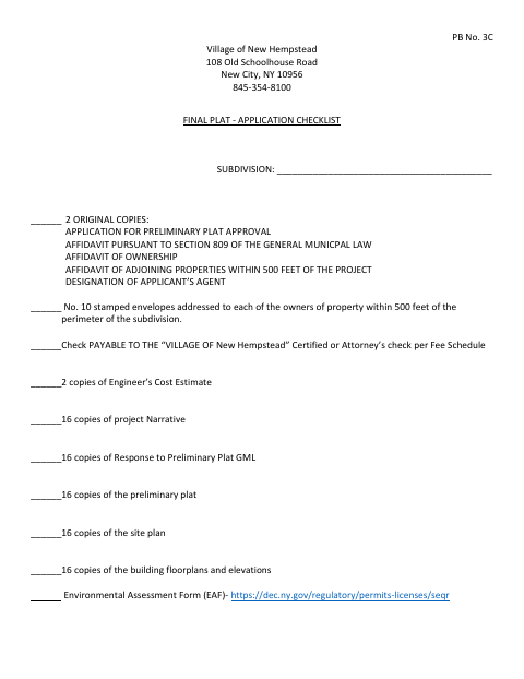 First page of the Final Plat Application