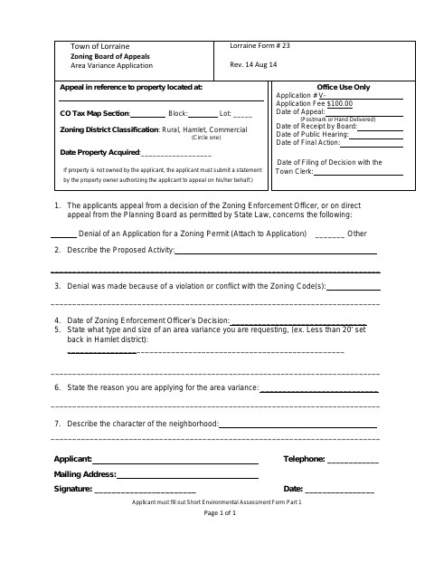 First page of the Area Variance Application