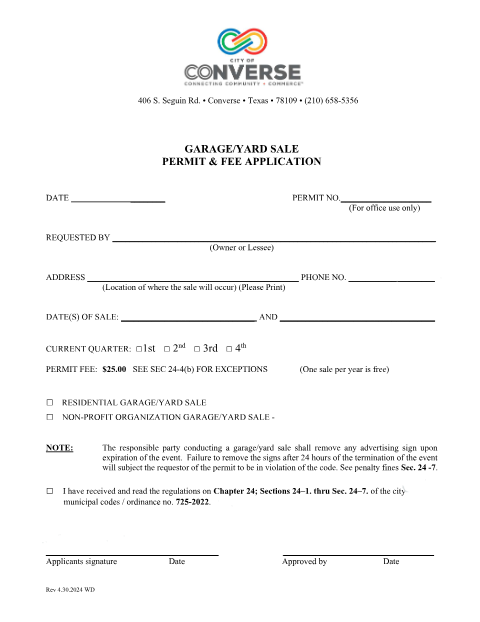 First page of the Garage/Yard Sale Permit & Fee Application