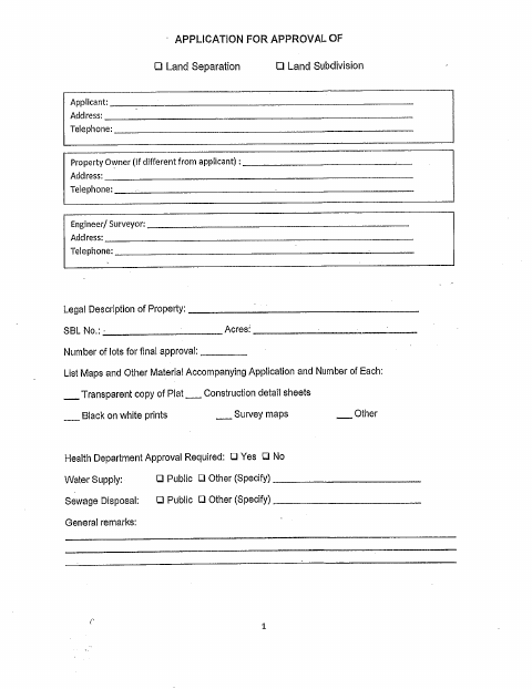 First page of the Application for Approval of Land Separation or Land Subdivision