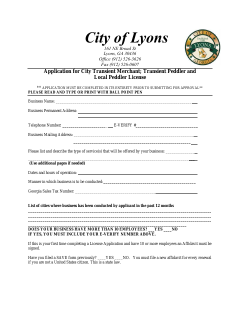 First page of the Peddlers License Application