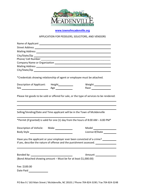 First page of the Application for Peddlers, Solicitors, and Vendors