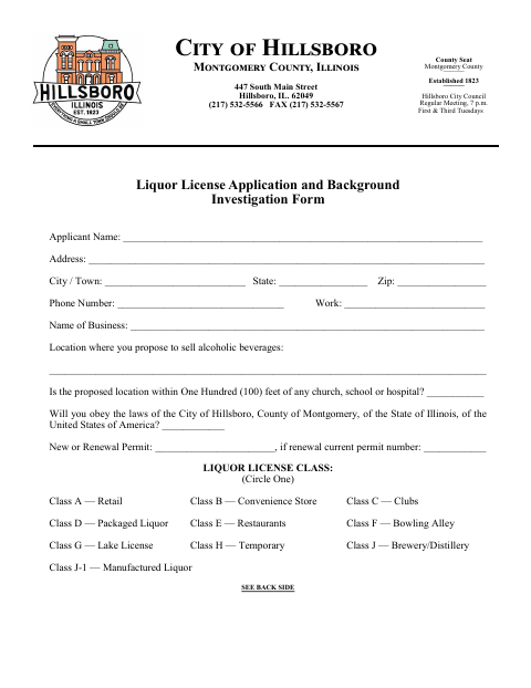 First page of the Liquor License Application and Background Investigation Form