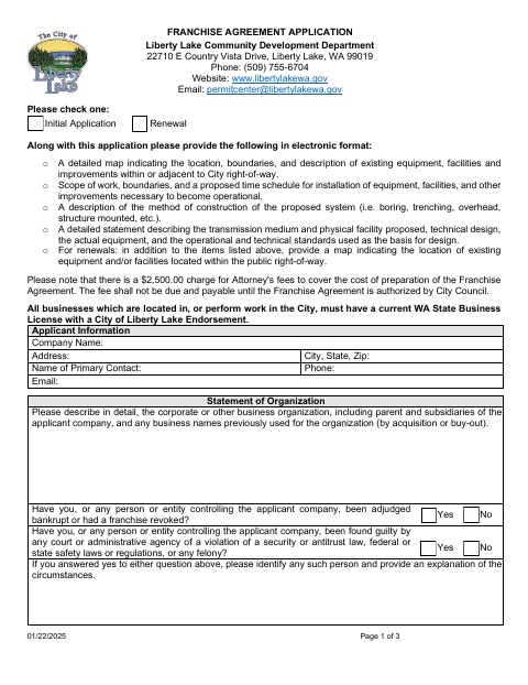 First page of the Franchise Agreement Application