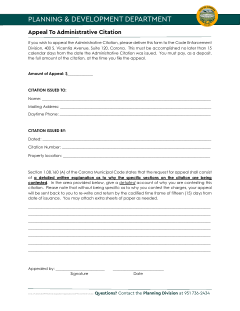 First page of the Appeal to Administrative Citation
