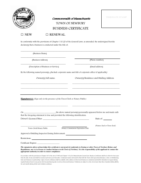 First page of the Business Certificate Application