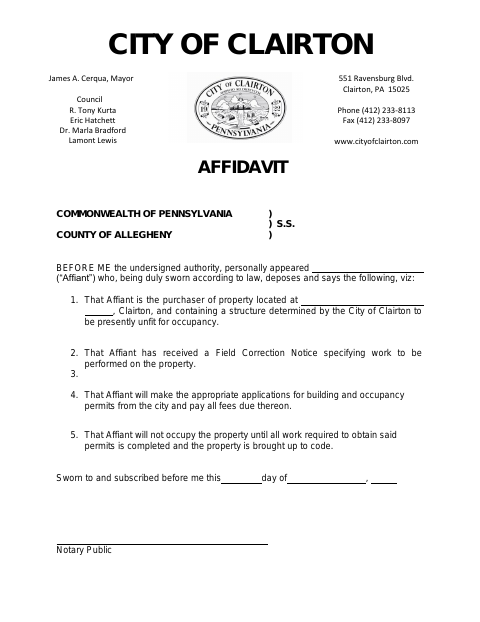 First page of the Unfit Occupancy Property Correction Affidavit