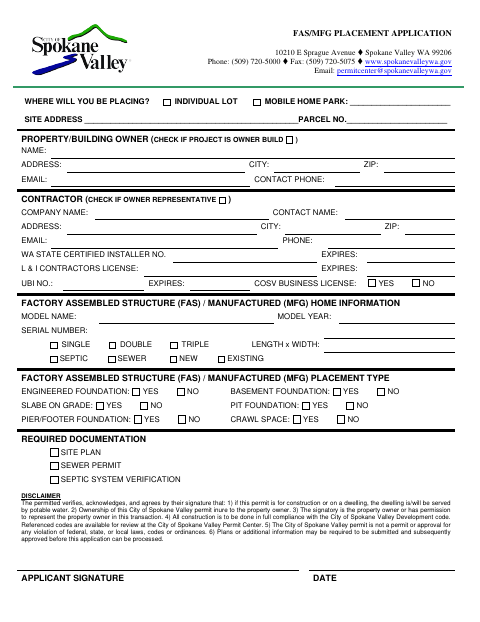 First page of the FAS/MFG Placement Application
