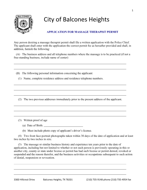 First page of the Massage Therapist Permit Application