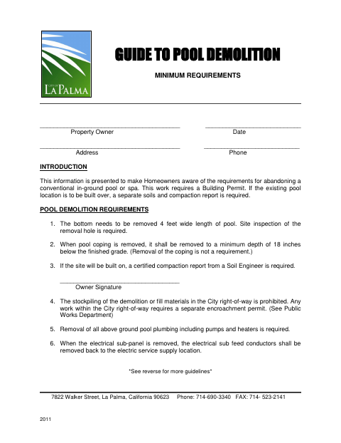 First page of the Pool Demolition Minimum Requirements