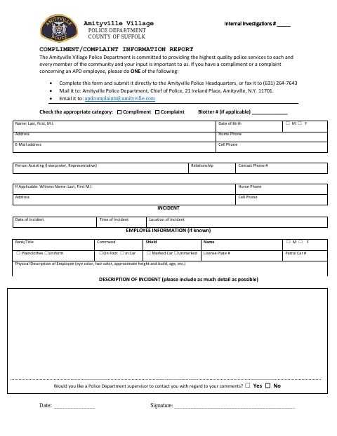 First page of the Compliment/Complaint Information Report