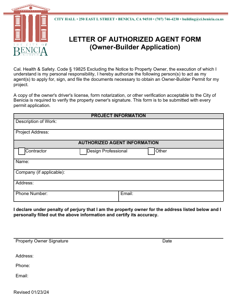 First page of the Letter of Authorized Agent Form (Owner-Builder Application)