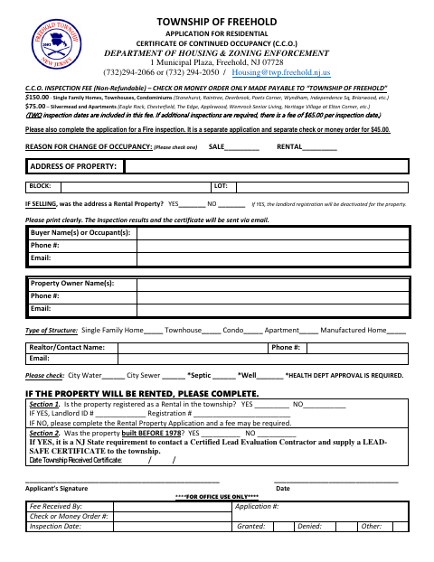First page of the Application for Residential Certificate of Continued Occupancy