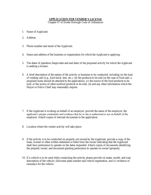 First page of the Application for Vendor’s License