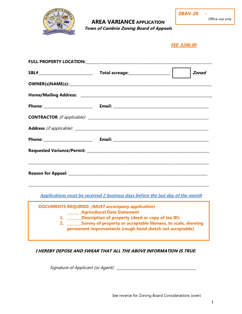 First page of the Area Variance Application