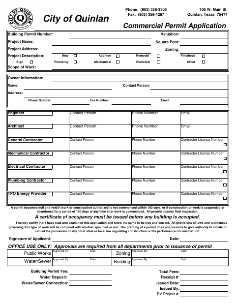 First page of the Commercial Permit Application