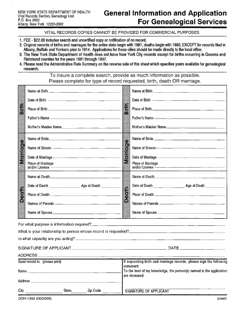 First page of the Application for Genealogical Services