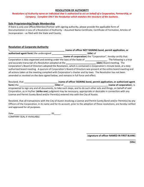 First page of the Resolution of Authority (Right-of-Way Contractors)
