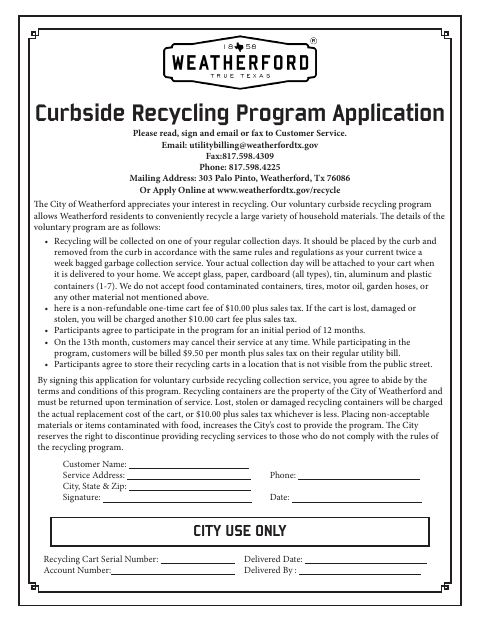 First page of the Curbside Recycling Application