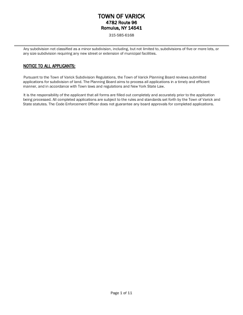 First page of the Major Subdivision Application