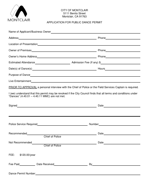 First page of the Application for Public Dance Permit