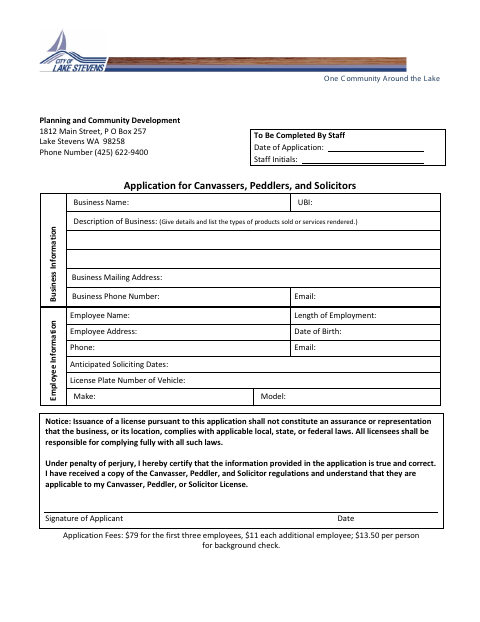 First page of the Application for Canvassers, Peddlers, and Solicitors