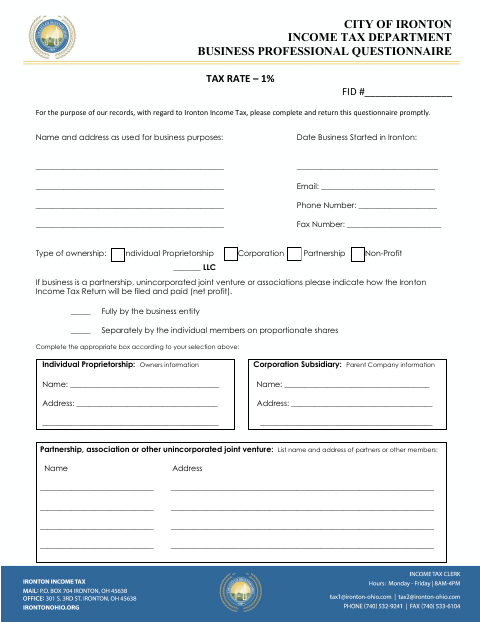 First page of the Business Professional Questionnaire