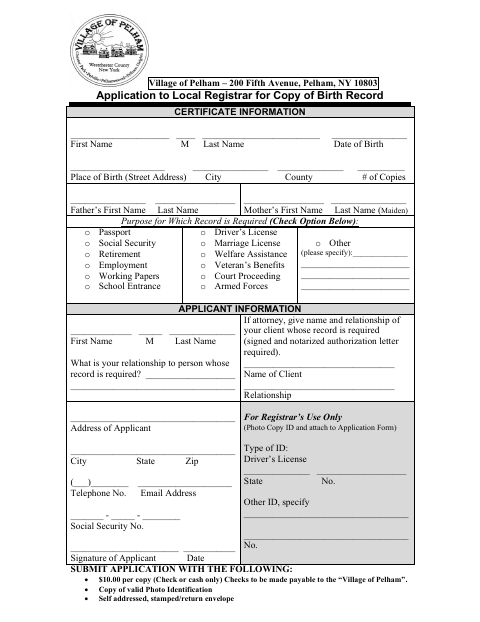 First page of the Application to Local Registrar for Copy of Birth Record