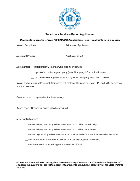 First page of the Solicitors / Peddlers Permit Application