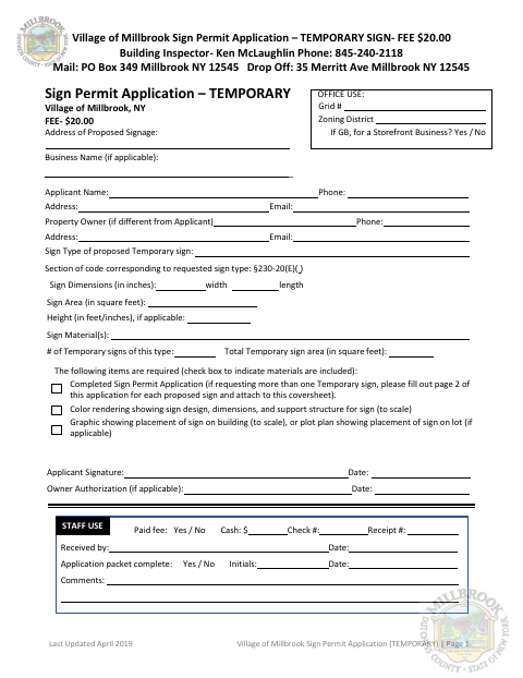 First page of the Temporary Sign Permit Application