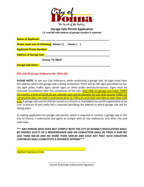 First page of the Garage Sale Permit Application
