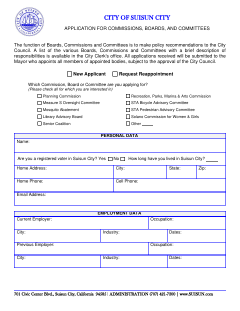 First page of the Application for Commissions, Boards, and Committees