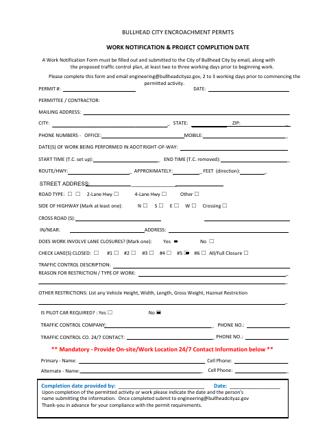 First page of the Encroachment Permits Work Notification & Project Completion Date