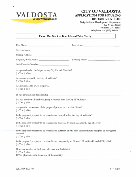 First page of the Housing Rehabilitation Application
