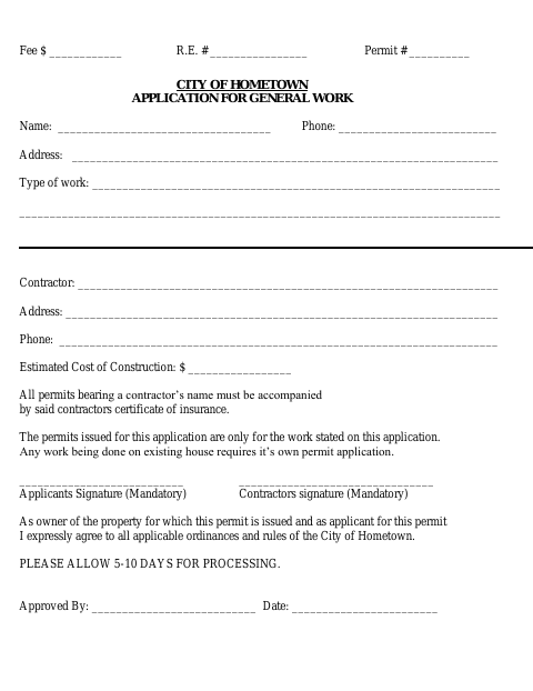 First page of the Application for General Work