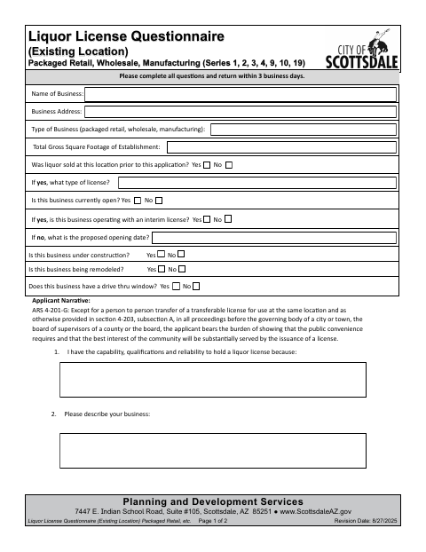 First page of the Liquor License Questionnaire for Existing Location: Packaged Retail, Wholesale, and Manufacturing