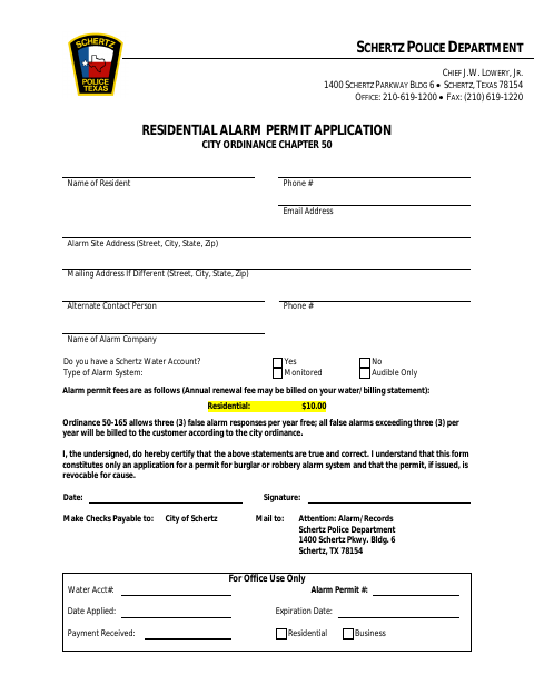 First page of the Residential Alarm Permit Application