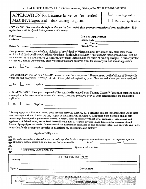 First page of the Application for License to Serve Fermented Malt Beverages and Intoxicating Liquors