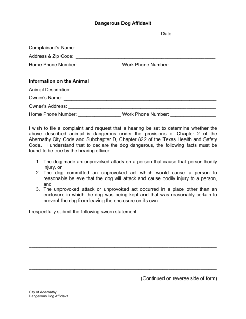 First page of the Dangerous Dog Affidavit