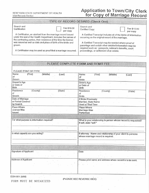 First page of the Request Copy of Marriage License