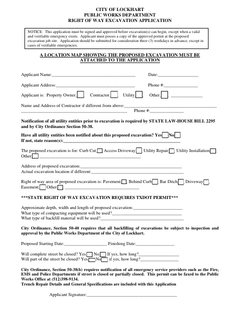 First page of the Right of Way Excavation Application