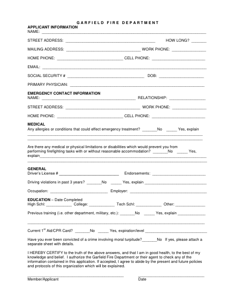 First page of the Fire Department Applicant Information