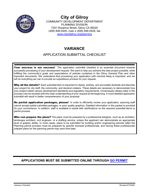 First page of the Variance Application Submittal Checklist