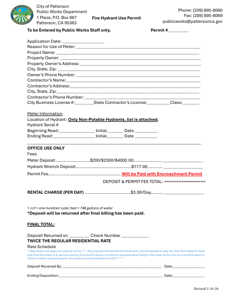 First page of the Fire Hydrant Use Permit