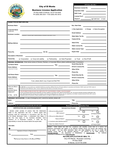 First page of the Business License Application