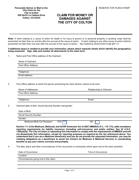 First page of the Claim For Money Or Damages
