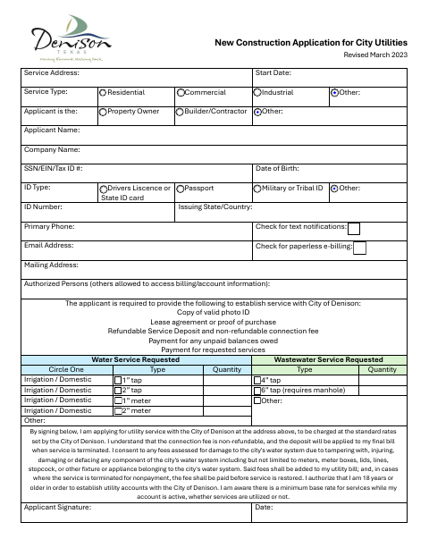 First page of the New Construction Application for City Utilities
