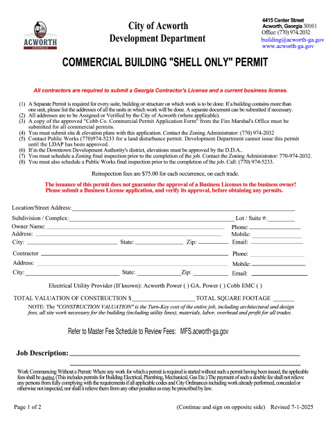 First page of the Commercial Building Shell Only Permit Application